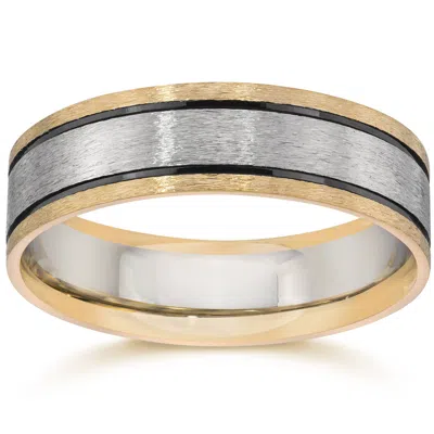 Pompeii3 Double Inlay Brushed Wedding Band 14k White & Yellow Gold In Silver