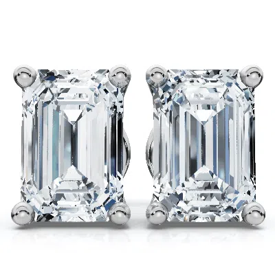 Pompeii3 Emerald Cut Diamond Prong Studs 14k Gold Lab Grown In Metallic