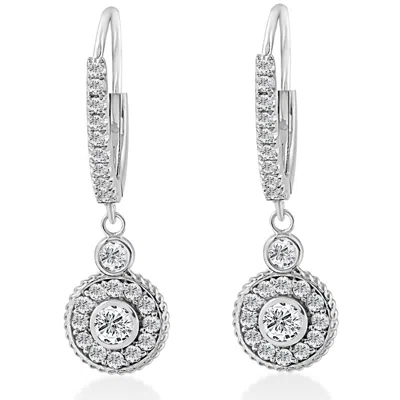 Pompeii3 F/g Si 3/4 Dangle Diamond Halo Vintage Hoops 18k White Gold 1" Tall In Silver