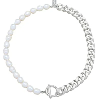 Pompeii3 Fresh Water Pearl Half Curb Link Necklace 18" Toggle Clasp In White