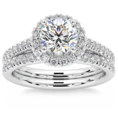 Pompeii3 F/vs 1.50ct Halo Diamond Engagement Wedding Ring Set 14k Gold Lab Grown In Silver