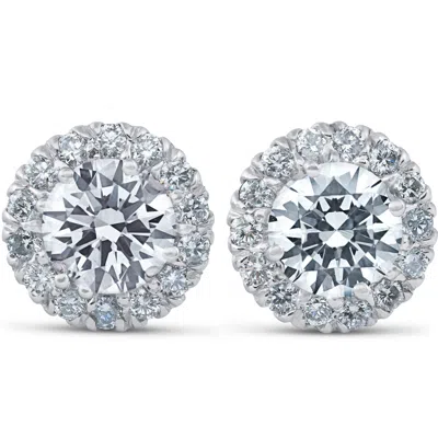 Pompeii3 F/vs 3ct Round Halo Diamond Studs 14k White Gold Lab Grown 11.5mm In Silver