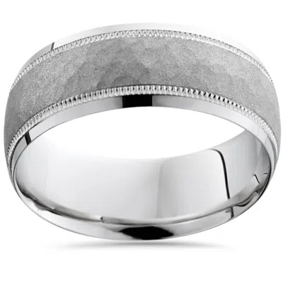 Pompeii3 Mens White Gold Hammered Wedding Ring Comfort Band New Size Selectable In Silver