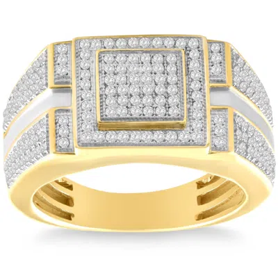Pompeii3 Men's 1/4 Ct. T. W. Diamond Micro Cluster Square Stepped Ring In 10k Yellow Gold In Silver