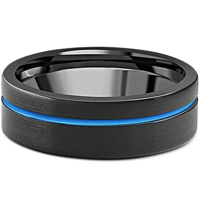 Pompeii3 Men's Black & Blue Inlay Tungsten Ring Brushed Ring 8mm Wedding Band In Multi