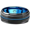 Pompeii3 Men's Black & Blue Tungsten Ring Brushed Beveled Step Cut Wedding Band In Black