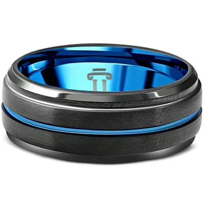 Pompeii3 Men's Black & Blue Tungsten Ring Brushed Beveled Step Cut Wedding Band In Multi