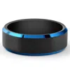 Pompeii3 Men's Brushed Black Tungsten Ring Blue Polished Beveled Edge 8mm Wedding Band In Blue