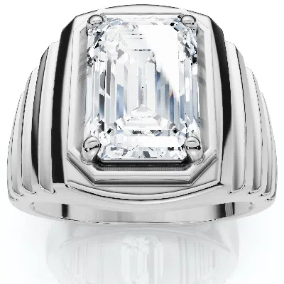 Pompeii3 Men's Certified 4ct Emerald Cut Diamond Ring Ridged Gold Band Lab Grown In Metallic