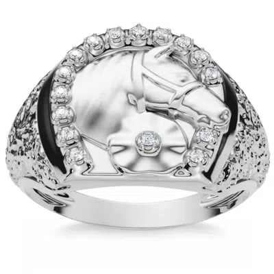 Pompeii3 Men's Pinkie Horse Lucky Diamond Ring Gold Lab Grown In Silver