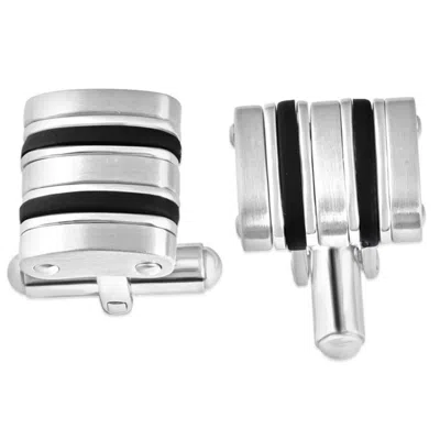 Pompeii3 Men's Polished Stainless Steel And Brushed Black Striped 12.5mm Cufflink In Silver