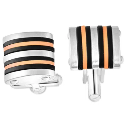 Pompeii3 Men's Polished Stainless Steel Brushed Black And Orange 16mm Cufflink In Silver
