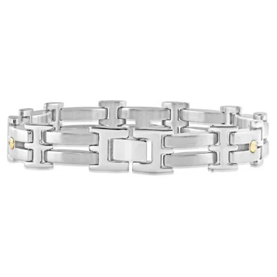 Pompeii3 Men's Polished Steel Dark Gold Two Tone Flexible 7.5mm Link 8 " Bracelet In Silver
