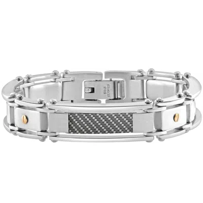 Pompeii3 Men's Single Toned Steel Carbon Fiber Gold Screwed 13mm Link 9.5" Bracelet In Silver