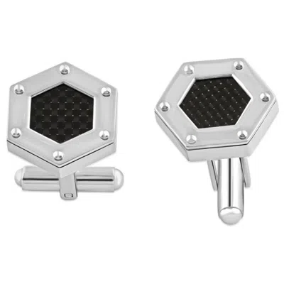 Pompeii3 Men's Stainless Steel And Black Carbon Fiber Hexagon Polished 16.5mm Cufflink In Silver