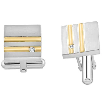 Pompeii3 Men's Stainless Steel And Gold Double Striped Square Polished 14mm Cufflink In Silver