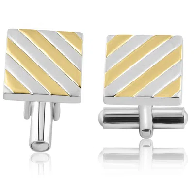 Pompeii3 Men's Stainless Steel And Gold Striped Rectangle Polished 14mm Cufflink In Silver