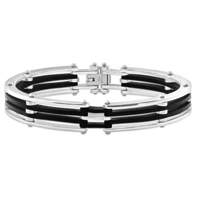 Pompeii3 Men's Steel And Black Silicone Latched 8" 13.5mm " Cuffed Bracelet In Silver
