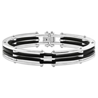 Pompeii3 Men's Steel And Black Silicone Latched 8" 13.5mm " Cuffed Bracelet In Silver