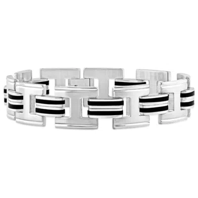Pompeii3 Men's Steel And Black Striped Two Tone 15mm Wide Link Flexible 8" Bracelet In Multi