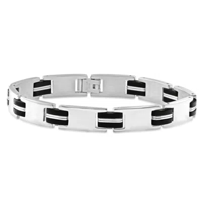 Pompeii3 Men's Steel And Black Two Tone, Two Striped 10mm Link 8.5 " Bracelet In Metallic