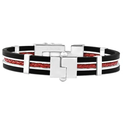 Pompeii3 Men's Steel, Black Silicone, And Red Leather Latched 8" 10mm Cuffed Bracelet In Multi