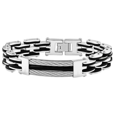 Pompeii3 Men's Steel Brushed And Black Two Tone 13.5mm Link Flexible Wired 8 " Bracelet In Silver