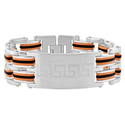 Pompeii3 Men's Steel Brushed Orange And Black Three Tone 24mm Link Flexible 8 " Bracelet In Silver