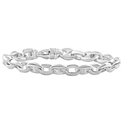 Pompeii3 Men's Steel Single Tone Double Hole Oval Clasp 7mm Link 8.5 " Bracelet In Silver