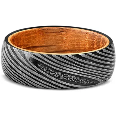 Pompeii3 Men's Tungsten & Whiskey Barrell 8mm Ring Damascus Pattern Wedding Band In Multi