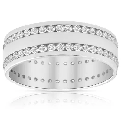 Pompeii3 Mens 1 3/8ct Diamond Eternity Ring 10k White Gold Double Row High Polished In Silver
