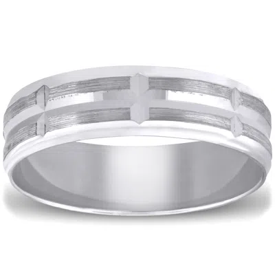 Pompeii3 Mens 10k White Gold Ring Brushed Hand Carved Wedding Band In Multi