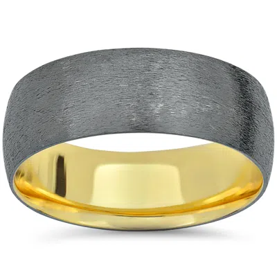 Pompeii3 Mens 14k Black & Yellow Gold Two Tone Brushed Wedding Band In Silver