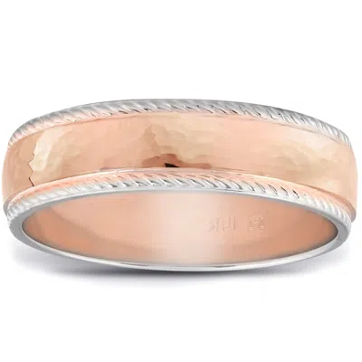 Pompeii3 Mens 14k White & Rose Gold Ring Two Tone Polished Hammered & Rope Wedding Band In Beige