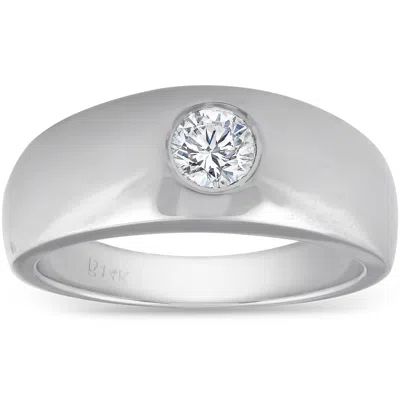 Pompeii3 Mens 14k White Gold 1/2ct Solitaire Bezel Round Diamond Wedding Anniversary Ring In Silver