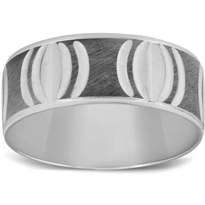 Pompeii3 Mens 8mm Wide 10k White Gold Hand Carved Black & White Gold Wedding Band In Multi