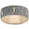 Pompeii3 Mens 8mm Wide Yellow Gold Ring Hand Carved Black & White Gold Cross Wedding Band In Multi