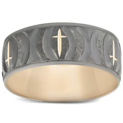 Pompeii3 Mens 8mm Wide Yellow Gold Ring Hand Carved Black & White Gold Cross Wedding Band In Multi