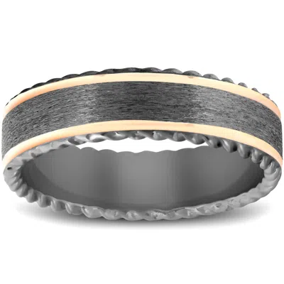 Pompeii3 Mens Black & Rose Gold 6mm Comfort Fit Braided Brushed Wedding Band Comfor Fit