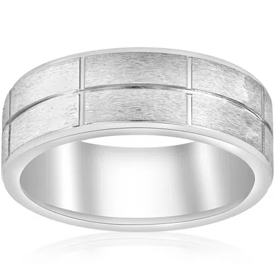 Pompeii3 Mens Comfort Fit Brushed 8mm 14k Whie Gold Heavy Weight Beveled Edge Size Selectable In Multi