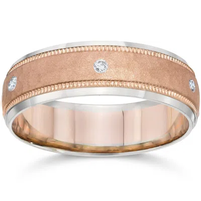 Pompeii3 Mens Diamond 14k Rose & White Gold Hammered Two Tone Wedding Band In Silver