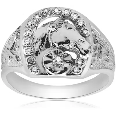 Pompeii3 Mens Diamond Lucky Horseshoe Ring 10k White Gold In Silver