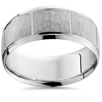 Pompeii3 Mens Satin White Gold Wedding Band Milgrain Ring 8mm Flat Brushed Free Sizing Size Selectable In Multi