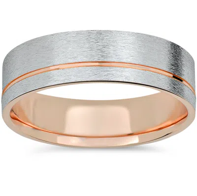Pompeii3 Mens Two Tone Brushed 14k Rose & White Gold Wedding Band In Silver
