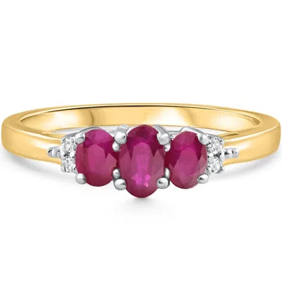Pompeii3 Three Stone Oval Red Sapphire & Diamond Yellow Gold Ring Size: 6.5 In Multi