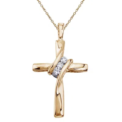 Pompeii3 Three Stone Real Diamond Cross Pendant 10k Yellow Gold Necklace 19mm Tall In Silver
