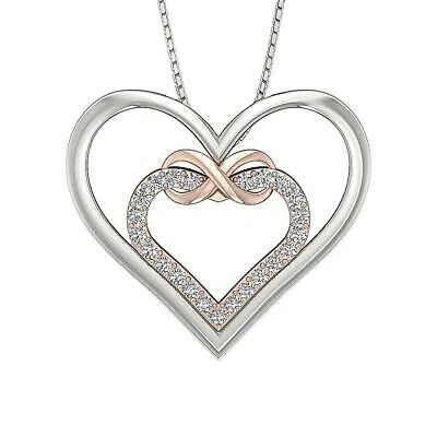 Pre-owned Pompeii3 Two Heart Knot Pendant Necklace I1 0.40 Ct Round Diamond 18k Gold 0.88 Inch In White