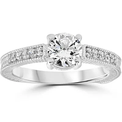 Pompeii3 Vintage Diamond Engagement Ring 1 Carat 14k White Gold Round Brilliant Cut In Metallic