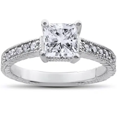 Pompeii3 Vintage Princess Cut Real Diamond Engagement Ring 1ct Center Antique White Gold In Silver