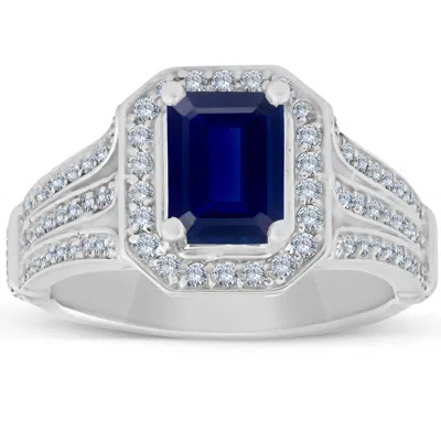 Pompeii3 Vintage White Gold 2 Ct Blue Sapphire & Diamond Halo Engagement Ring In Multi